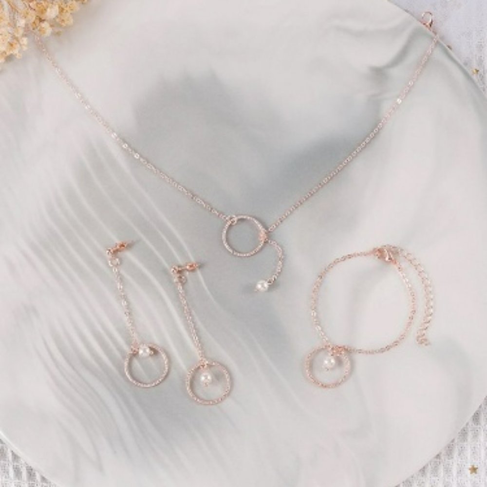 Rose Gold Faux Pearl Jewelry Set with Necklace, Earrings & Bracelet